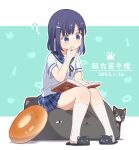  1girl ? animal_hands bean_bag_chair blue_eyes blue_hair blue_ribbon blue_sailor_collar blue_skirt bob_cut book breasts cat cat_slippers chess_piece closed_mouth colored_inner_hair commentary_request cup dated donut_pillow doughnut food fuiba_fuyu full_body gochuumon_wa_usagi_desu_ka? hair_ornament hairclip hand_on_own_chin highres hoto_cocoa&#039;s_school_uniform king_(chess) kneehighs looking_at_another looking_at_object miniskirt mohei multicolored_hair neck_ribbon partial_commentary plaid plaid_sailor_collar plaid_skirt pleated_skirt reading ribbon sailor_collar school_uniform serafuku shirt short_hair short_sleeves simple_background sitting skirt small_breasts socks teacup two-tone_background two-tone_hair white_shirt white_socks 