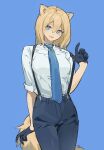  1girl animal_ears black_gloves black_pants blonde_hair blue_background blue_eyes blue_necktie closed_mouth collared_shirt cowboy_shot dog_ears dog_girl dog_tail gloves hair_between_eyes highres kimura_731 looking_at_viewer necktie original pants shirt sidelocks simple_background sleeves_rolled_up smile solo standing tail white_shirt 
