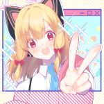  1girl :3 :d animal_ear_headphones animal_ears blonde_hair blue_archive blue_background blue_necktie blunt_bangs blush bow cat_ears close-up collared_shirt commentary_request fake_animal_ears foreshortening hair_between_eyes hair_bow hand_up happy head_tilt headphones heart highres looking_at_viewer medium_hair momoi_(blue_archive) momokokuma necktie open_mouth polka_dot polka_dot_background red_bow red_eyes shirt simple_background smile sparkle striped striped_background tareme teeth upper_teeth_only v v-shaped_eyebrows white_shirt window_(computing) yellow_background 