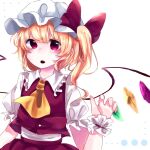  1girl ascot blonde_hair bow breasts buttons collared_shirt cowboy_shot crystal fang flandre_scarlet frilled_shirt_collar frills hair_between_eyes hair_bow hat kuromame1025 large_bow looking_at_viewer medium_hair mob_cap multicolored_wings one_side_up open_mouth puffy_short_sleeves puffy_sleeves red_bow red_eyes red_skirt red_vest shirt short_sleeves simple_background skirt skirt_set small_breasts solo touhou vest white_background white_headwear white_shirt wings wrist_cuffs yellow_ascot 