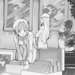  2girls aria_(manga) aria_company_uniform book character_request greyscale indoors long_hair looking_at_object monochrome multiple_girls phonograph suiso_(owp) window 