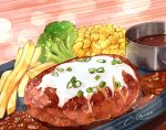  broccoli corn food food_focus french_fries gravy hamburger_steak highres miri_illust no_humans original plate vegetable 