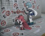  2girls black_bow black_thighhighs blue_eyes blue_footwear blue_hair bow detached_sleeves eyes_visible_through_hair gloves hair_bow hair_ornament highres holding holding_paper light_blue_hair long_sleeves magical_girl mahou_shoujo_madoka_magica mahou_shoujo_madoka_magica_(anime) miki_sayaka morizo_(morizoshop) multiple_girls paper redhead sakura_kyoko short_hair squatting standing subway_station the_exit_8 thigh-highs tile_floor tile_wall tiles white_gloves white_thighhighs zettai_ryouiki 