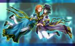  2boys alternate_color arch_bishop_(ragnarok_online) black_footwear black_headwear black_shirt blue_background blue_coat blurry blurry_background blush capelet coat commentary_request crown dated flowery_peko full_body gear_hat_ornament goggles goggles_on_headwear gold_trim green_hair grin hair_between_eyes hand_on_another&#039;s_hip holding_hands long_bangs long_sleeves looking_at_viewer male_focus mini_crown multiple_boys official_alternate_costume orange_eyes orange_hair pants purple_shirt ragnarok_online sharp_teeth shirt shoes short_hair smile swept_bangs teeth wavy_hair white_capelet white_pants 