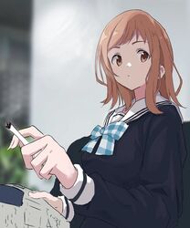  blowing_smoke blue_bow blurry blurry_background bow brown_eyes brown_hair cigarette highres holding holding_cigarette idolmaster idolmaster_shiny_colors newspaper sailor_collar sakuragi_mano school_uniform smoke smoking taketake-works 