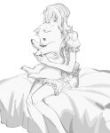  1girl animal_hug aria_(manga) car character_request closed_eyes greyscale hug monochrome motor_vehicle on_bed sitting solo suiso_(owp) 