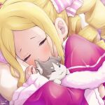  1girl animal_hug beatrice_(re:zero) blonde_hair blush capelet cat closed_eyes commentary_request dress drill_hair fur-trimmed_capelet fur_trim hair_ribbon hug long_hair lying on_bed on_side pink_capelet pink_dress pink_ribbon puck_(re:zero) re:zero_kara_hajimeru_isekai_seikatsu ribbon sidelocks sleeping striped tarunyan twin_drills watermark 