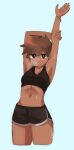  1girl armpits arms_up black_shorts breasts brown_eyes brown_hair dark-skinned_female dark_skin glasses highres mole mole_under_mouth navel nyaivie original short_hair shorts small_breasts solo sportswear stretching sweat thighs ufaa_(stvpvd) 