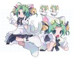  1girl :3 absurdres ahoge animal_hat apron bell bow bowtie cat_hat cat_tail closed_mouth dejiko di_gi_charat double_v dress fang food food_bite green_hair hair_intakes hands_up hat highres holding holding_food jingle_bell kneehighs maid_apron mittens morizo_(morizoshop) neck_bell onigiri open_mouth puffy_short_sleeves puffy_sleeves purple_bow purple_bowtie purple_dress short_hair short_sleeves socks tail v white_headwear white_mittens white_socks 