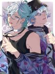  2boys aqua_eyes aqua_hair border brothers grey_background half_updo highres looking_at_viewer male_focus multicolored_eyes multicolored_hair multiple_boys open_mouth paradox_live phantometal_(paradox_live) purple_hair short_hair siblings tongue tongue_out twins violet_eyes white_border yatonokami_kanata yatonokami_nayuta zingai_sanx 