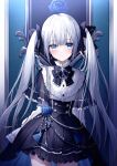  1girl black_bow black_bowtie blue_eyes blue_flower blue_rose bow bowtie earrings expressionless flower gothic_lolita grey_eyes grey_hair hair_bow heterochromia highres jewelry kazunehaka lolita_fashion looking_at_viewer original rose single_earring solo standing twintails 