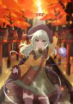  1girl autumn autumn_leaves bag brown_bag green_eyes green_hair green_skirt highres jacket komeiji_koishi long_sleeves looking_at_viewer shoulder_bag skirt solo stairs torii touhou tsukikusa yellow_jacket 