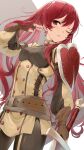  1girl armor belt black_pants brown_belt brown_gloves closed_mouth detached_sleeves fingerless_gloves fire_emblem fire_emblem_awakening gloves haru_(nakajou-28) highres holding holding_sword holding_weapon long_hair looking_at_viewer one_eye_closed pants pauldrons red_eyes redhead severa_(fire_emblem) shoulder_armor single_fingerless_glove single_pauldron solo sword twintails very_long_hair weapon 