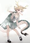  1girl antlers blonde_hair blue_shirt dragon_girl dragon_horns dragon_tail horns ikamagu kicchou_yachie looking_at_viewer open_mouth red_eyes shirt short_hair smoking_pipe square_neckline tail touhou turtle_shell yellow_horns 