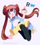  1girl :d black_leggings blue_eyes brown_hair copyright_name double_bun doughnut_hair_bun full_body hair_bun hand_up holding holding_poke_ball leggings long_hair looking_at_viewer midair noniha open_mouth poke_ball poke_ball_(basic) pokemon pokemon_bw raglan_sleeves rosa_(pokemon) shoes skirt smile solo twintails very_long_hair visor_cap yellow_skirt 