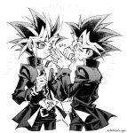  2boys asterisks_aya belt chain_necklace closed_eyes cowboy_shot greyscale halftone jacket jewelry looking_at_another monochrome multiple_boys necklace open_mouth pants smile spiky_hair white_background yami_yuugi yu-gi-oh! 