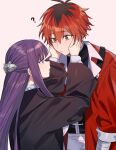 ? arm_wrap black_robe closed_mouth confused cow_(shadow) fern_(sousou_no_frieren) hands_on_own_cheeks hands_on_own_face highres long_hair long_sleeves looking_at_another purple_hair red_eyes redhead robe shirt short_hair simple_background sousou_no_frieren standing stark_(sousou_no_frieren) violet_eyes white_background 
