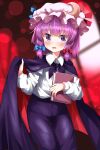  1girl alternate_hair_length alternate_hairstyle black_cape black_pants blue_bow blurry blurry_background blush book bow cape collared_shirt commentary_request cosplay hair_bow hat highres holding holding_book long_sleeves looking_at_viewer medium_hair mob_cap open_mouth pants patchouli_knowledge red_background red_bow ruu_(tksymkw) shirt sidelocks solo sweat touhou violet_eyes white_shirt wriggle_nightbug wriggle_nightbug_(cosplay) 