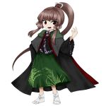  1other androgynous anmita_(rarutos) black_cape black_kimono brown_hair cape full_body green_skirt hair_ornament hand_on_own_hip hand_up japanese_clothes jynx_(style) kimono len&#039;en long_hair long_sleeves open_mouth other_focus personification ponytail red_eyes skirt socks solo tasouken variant_set white_socks 