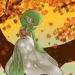  1girl arm_at_side autumn autumn_leaves bob_cut closed_mouth colored_skin commentary_request dappled_sunlight flat_chest full_body gardevoir green_skin hair_over_one_eye hand_up happy highres in_tree legs_together looking_to_the_side monya multicolored_skin one_eye_covered outdoors pokemon pokemon_(creature) red_eyes redhead short_hair sitting smile solo sunlight tree two-tone_skin white_skin 