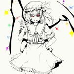  1girl ascot back_bow bow brooch collared_shirt cowboy_shot flandre_scarlet frilled_shirt_collar frilled_skirt frills hair_between_eyes hand_on_own_hip hat jewelry looking_at_viewer medium_hair mob_cap multicolored_wings one_side_up open_mouth puffy_short_sleeves puffy_sleeves red_eyes ribbon-trimmed_headwear ribbon_trim shirt short_sleeves simple_background skirt solo spot_color teeth touhou vest white_background wings yumi_zakura 