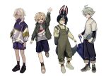 4boys aged_down ahoge animal_ears black_footwear black_hair blonde_hair book child chongyun_(genshin_impact) closed_mouth commentary_request cyno_(genshin_impact) dark-skinned_male dark_skin fox_ears genshin_impact grey_hair hair_between_eyes highres holding holding_book holding_umbrella jacket long_hair long_sleeves looking_at_viewer looking_to_the_side lyney_(genshin_impact) male_focus multicolored_hair multiple_boys no6_gnsn outstretched_arm overalls red_eyes short_hair shorts simple_background smile tail tighnari_(genshin_impact) umbrella white_hair
