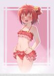  1girl akaza_akari bikini bracelet day double_bun hair_bun hair_ornament hands_on_own_hips highres jewelry navel open_mouth red_bikini redhead simple_background smile solo swimsuit thighs twintails_(mantids) yuru_yuri 