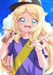  1girl :d asuka_ruu baseball_cap black_headwear blonde_hair blue_eyes blue_sky bottle clouds commentary_request day fang hands_up hat highres hizuki_(hiduki6121) holding holding_bottle incoming_drink kiratto_pri_chan long_hair looking_at_viewer open_mouth outdoors pretty_series purple_shirt shirt short_sleeves sky smile solo sparkle swept_bangs t-shirt upper_body 