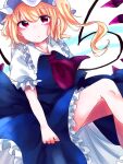  1girl alternate_color ascot bare_legs blonde_hair blue_skirt blue_vest closed_mouth collarbone collared_shirt dot_mouth dot_nose feet_out_of_frame flandre_scarlet frilled_shirt_collar frilled_skirt frilled_sleeves frills hat kuromame1025 looking_at_viewer medium_hair mob_cap one_side_up puffy_short_sleeves puffy_sleeves purple_ascot red_eyes shirt short_sleeves simple_background skirt skirt_set solo touhou vest white_background white_shirt wings 