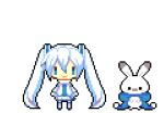  1girl animal animated animated_gif blue_scarf chibi commentary detached_sleeves grey_thighhighs hair_ornament hatsune_miku jumping long_hair looking_at_viewer looping_animation lowres mittens nekosumi official_art open_mouth pixel_art pleated_skirt pom_pom_(clothes) rabbit rabbit_yukine scarf shirt simple_background skirt sleeveless sleeveless_shirt smile thigh-highs twintails very_long_hair vocaloid white_background white_hair white_mittens white_scarf white_shirt white_skirt yuki_miku yuki_miku_(2011) 