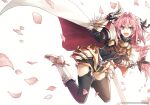  1boy astolfo_(fate) black_thighhighs boots braid cape fang fate/apocrypha fate_(series) garter_straps gauntlets konoe_ototsugu long_hair otoko_no_ko petals pink_eyes pink_hair single_braid skin_fang thigh-highs white_cape white_footwear 