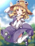  1girl :d animal_print blonde_hair blurry blurry_background brown_headwear commentary_request frog_print full_body hat highres long_sleeves looking_at_viewer medium_hair moriya_suwako open_mouth outdoors purple_footwear purple_skirt purple_vest ruu_(tksymkw) shirt sidelocks skirt smile solo straw_hat thigh-highs touhou vest white_shirt white_thighhighs wide_sleeves yellow_eyes 