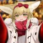  1girl animal_ear_fluff animal_ears arknights blonde_hair blurry blurry_background blush bow bow_hairband chinese_commentary coat colored_tips commentary_request fox_ears fox_girl fur-trimmed_coat fur_trim green_eyes hair_bow hairband highres looking_at_viewer meme multicolored_hair open_mouth pov_cheek_warming_(meme) red_bow red_hairband red_scarf scarf shio_(shiofeifei) solo suzuran_(arknights) two-tone_hair white_coat white_hair 