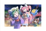  &gt;_&lt; 3girls animal_ears animal_hat aqua_kimono blue_bow bow brown_hair candy_apple cat_hat chocolate_banana closed_eyes dejiko di_gi_charat dice_hair_ornament food furrowed_brow gema green_hair hair_bow hair_intakes hair_ornament hat highres ikayaki japanese_clothes kimono long_sleeves morizo_(morizoshop) multiple_girls open_mouth pink_hair pink_kimono puchiko purple_kimono rabbit_ears red_bow red_sash sash short_hair smile standing takoyaki twintails usada_hikaru white_headwear wide_sleeves 