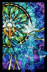  alternate_color black_border border commentary_request electricity free_butterfree hand_up highres no_humans outside_border pokemon pokemon_(creature) shiny_pokemon solo spikes stained_glass standing xurkitree 