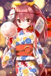  1girl alternate_costume blurry blurry_background closed_mouth commentary_request cotton_candy fireworks hair_ribbon hand_fan highres holding holding_fan japanese_clothes kimono long_hair looking_at_viewer pink_hair ponytail red_eyes ribbon ruu_(tksymkw) smile solo touhou watatsuki_no_yorihime yellow_ribbon 