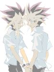  2boys asterisks_aya black_hair blonde_hair collar dyed_bangs highres holding holding_hands multicolored_hair multiple_boys open_mouth pants shirt smile spiky_hair yami_yuugi yu-gi-oh! 