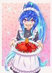  1girl :d @_@ ahoge alternate_costume alternate_hairstyle animal_ears apron aqua_hair bandaid bandaid_on_hand black_shirt blue_eyes blue_hair border carrot chili_pepper commentary_request crossed_bangs enmaided food frilled_apron frills heterochromia highres holding holding_plate horse_ears horse_girl horse_tail jalapeno_pepper long_hair long_sleeves maid maid_apron maid_headdress monmonmur multicolored_hair omelet omurice open_mouth outside_border pink_background plate ponytail sauce sharp_teeth shirt sidelocks smile solo sparkle tail teeth twin_turbo_(umamusume) two-tone_hair umamusume upper_body upper_teeth_only very_long_hair violet_eyes white_apron white_border 