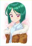  1girl blue_shirt blunt_ends brown_coat closed_mouth coat collared_shirt commentary_request cropped_torso fur-trimmed_coat fur_trim green_hair hand_up highres hizuki_(hiduki6121) kiratto_pri_chan long_sleeves looking_at_viewer midorikawa_sara pink_eyes pretty_series shirt short_hair smile solo upper_body white_background 