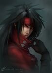  1boy artist_name black_gloves black_hair cloak closed_mouth commentary dated english_commentary final_fantasy final_fantasy_vii final_fantasy_vii_rebirth from_side gloves glowing glowing_eyes headband highres lips long_hair looking_at_viewer looking_to_the_side male_focus phantomyre red_cloak red_eyes red_headband solo spiky_hair upper_body vincent_valentine 