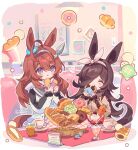  2girls ^_^ ahoge animal_ears basket bow_hairband breasts brown_hair brown_shirt carrot chocolate_cornet closed_eyes croissant cup doughnut eating food hair_ornament hairband hood hoodie horse_ears horse_girl horse_tail ice_cream indoors jacket long_hair long_sleeves mihono_bourbon_(umamusume) multiple_girls rice_shower_(umamusume) saucer shirt sitting smile sundae table tail teacup umamusume welchino white_hoodie white_jacket 