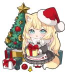  1girl :3 animal_ear_fluff animal_ears apron black_dress blonde_hair chibi christmas_tree colored_inner_hair dress fox_ears fox_girl fox_tail frilled_dress frills fuwafuwa-chan_(kamiyoshi_rika) gift green_eyes hat highres holding holding_gift kamiyoshi_rika looking_at_viewer maid maid_apron multicolored_hair open_mouth original red_footwear santa_hat simple_background smile solo star_(symbol) tail white_background white_hair 