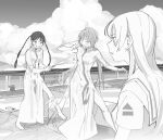  3girls aria_(manga) aria_company_uniform character_request clouds cloudy_sky dress greyscale horizon hose monochrome multiple_girls no_headwear ocean sky suiso_(owp) water wet wet_clothes white_dress 