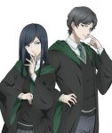  bite_mark black_hair blue_eyes green_necktie grey_pants hand_up hickey highres ichijo_eiji long_hair mayukeko medium_hair migi_to_dali necktie official_style pants parody school_uniform simple_background style_parody white_background wide_sleeves 