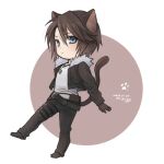  1boy animal_ears belt black_footwear black_gloves black_jacket black_pants blue_eyes brown_background brown_hair cat_boy cat_ears cat_tail chibi cropped_jacket dated expressionless final_fantasy final_fantasy_viii full_body gloves hiryuu_(kana_h) jacket jewelry leg_up lowres male_focus multiple_belts necklace open_clothes open_jacket outstretched_arms pants paw_print scar scar_on_face shirt short_hair signature simple_background solo squall_leonhart standing tail v-neck white_shirt 
