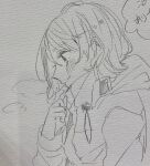  1girl blush closed_mouth commentary graphite_(medium) highres hood hood_down hooded_jacket jacket kashikaze long_sleeves love_live! love_live!_sunshine!! short_hair solo traditional_media watanabe_you winter_clothes 