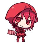  1girl blush_stickers bow bright_pupils capelet chibi commentary_request dated_commentary dress full_body hair_bow heart holding holding_weapon hood hood_up japanese_saw jitome little_red_riding_hood little_red_riding_hood_(grimm) lowres medium_hair pink_hair rakuni red_bow red_capelet red_dress red_eyes red_theme saw shoes simple_background smile solo standing thigh-highs weapon weapon_behind_back white_background white_pupils 