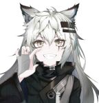 1girl animal_ears arknights black_coat black_nails coat grey_hair grin hand_up lancer_(worudrleh1) lappland_(arknights) long_hair long_sleeves looking_at_viewer messy_hair portrait scar scar_across_eye simple_background smile solo white_background 