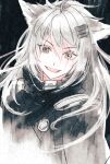  1girl animal_ears arknights black_coat coat grey_eyes hair_between_eyes hair_ornament hairclip high_collar lappland_(arknights) long_hair looking_at_viewer open_mouth scar scar_across_eye shumizoku smile solo upper_body white_hair 