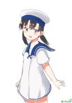  1girl absurdres black_hair blue_collar collar dress hat highres kantai_collection one-hour_drawing_challenge robinson_(day_l_full) sailor_dress sailor_hat short_hair short_sleeves shounan_(kancolle) simple_background smile solo standing twintails violet_eyes white_background white_dress white_headwear 